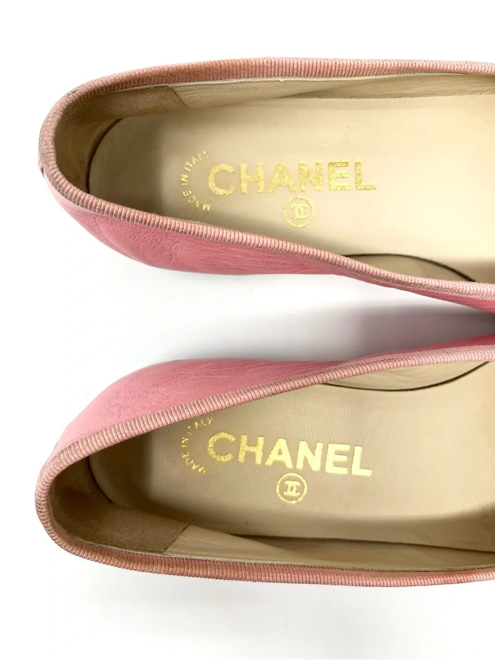 Chanel Pink Leather Black Cap Toe Two Tone CC Logo Bow Ballet Flats Shoes 36.5